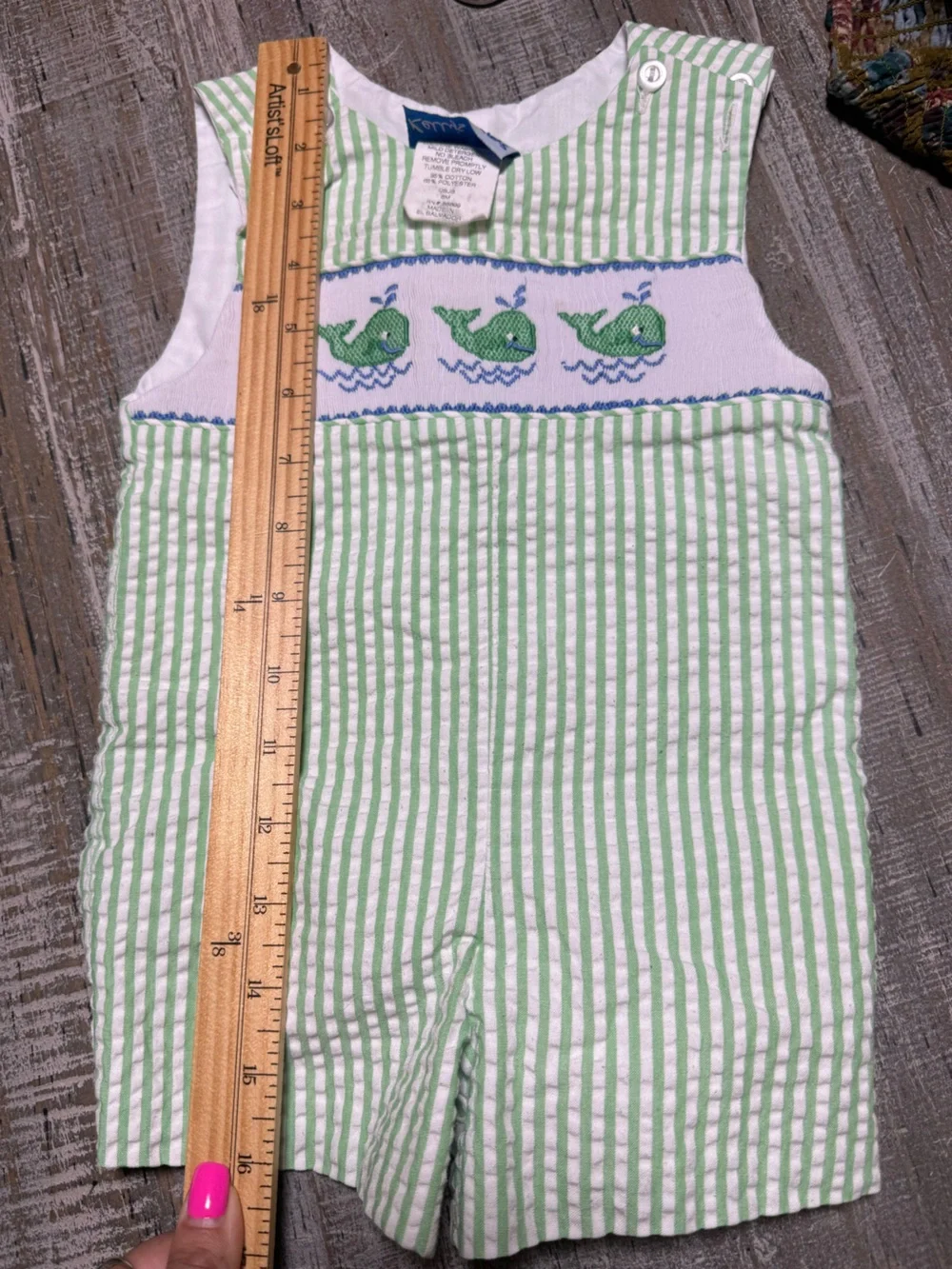 Vintage Kelly's Kids Green Seersucker Smocked Whale Romper 6 Mo Boys